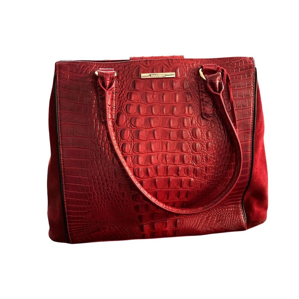 Luxurious Brahmin Red Crocodile Embossed Leather Handbag With Striped Liner